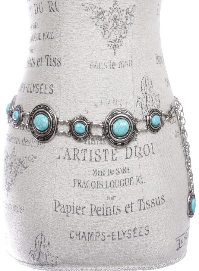 Beltiscool Women's Western Oval Concho Turquoise Stone Chain Belt, Silver | m/l (33"-49" waist) - Image 3